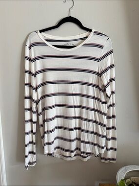Aeropostale White Long-Sleeve Tee with Navy & Burgundy Stripes